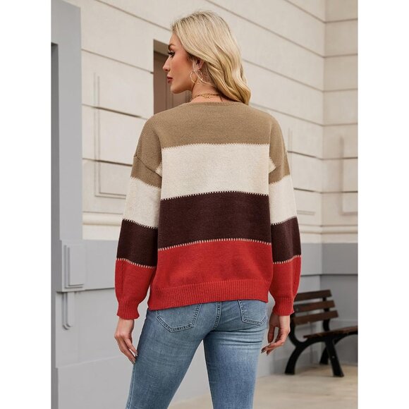 Womens Oversized Color Block Sweater Lightweight Knit Crew Neck Fall Trendy - Picture 3 of 7